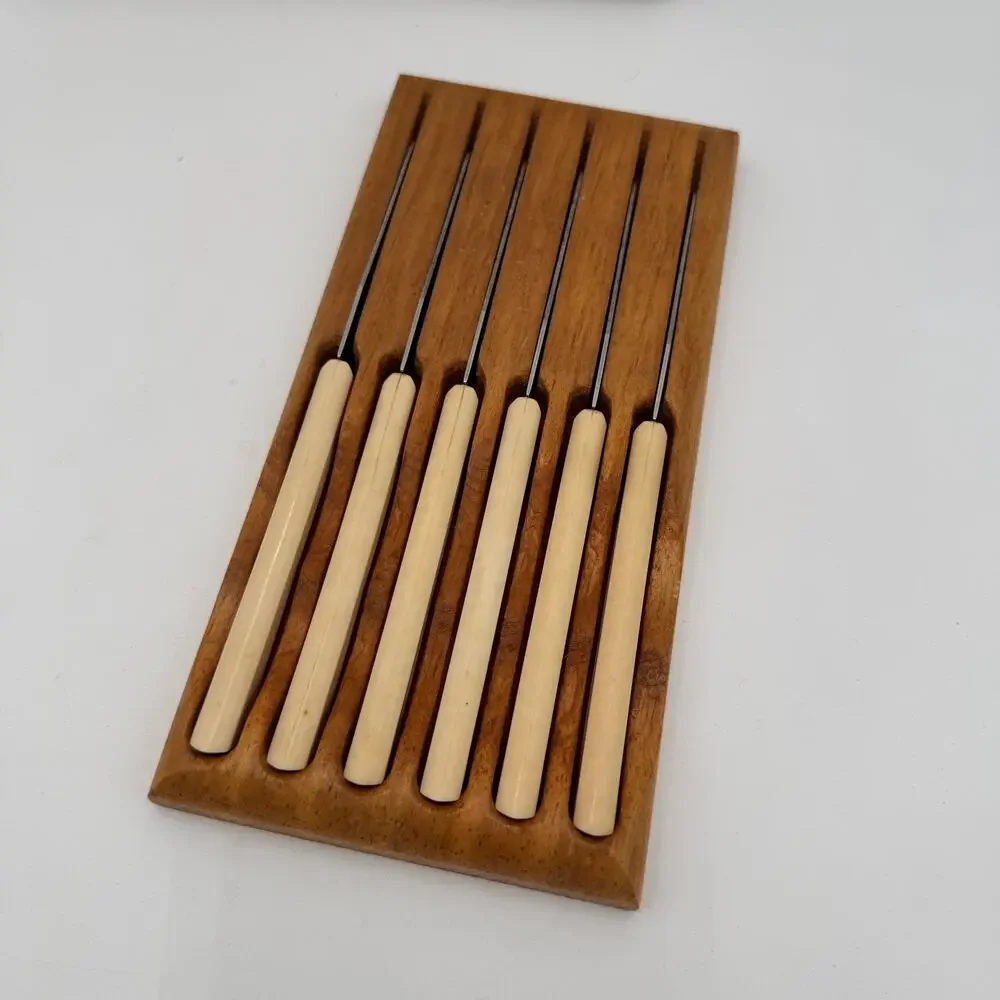 Mid Century Cattaraugus Steak Knife Set (6) in Wooden Holder w Box MCM
